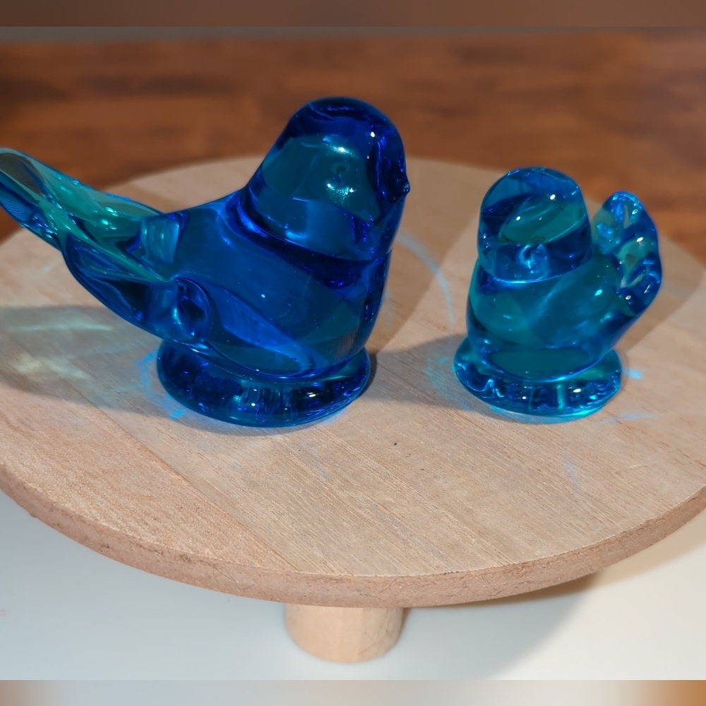 1994 Blue Bird Of Happiness Art Glass and Baby Bird 1990s